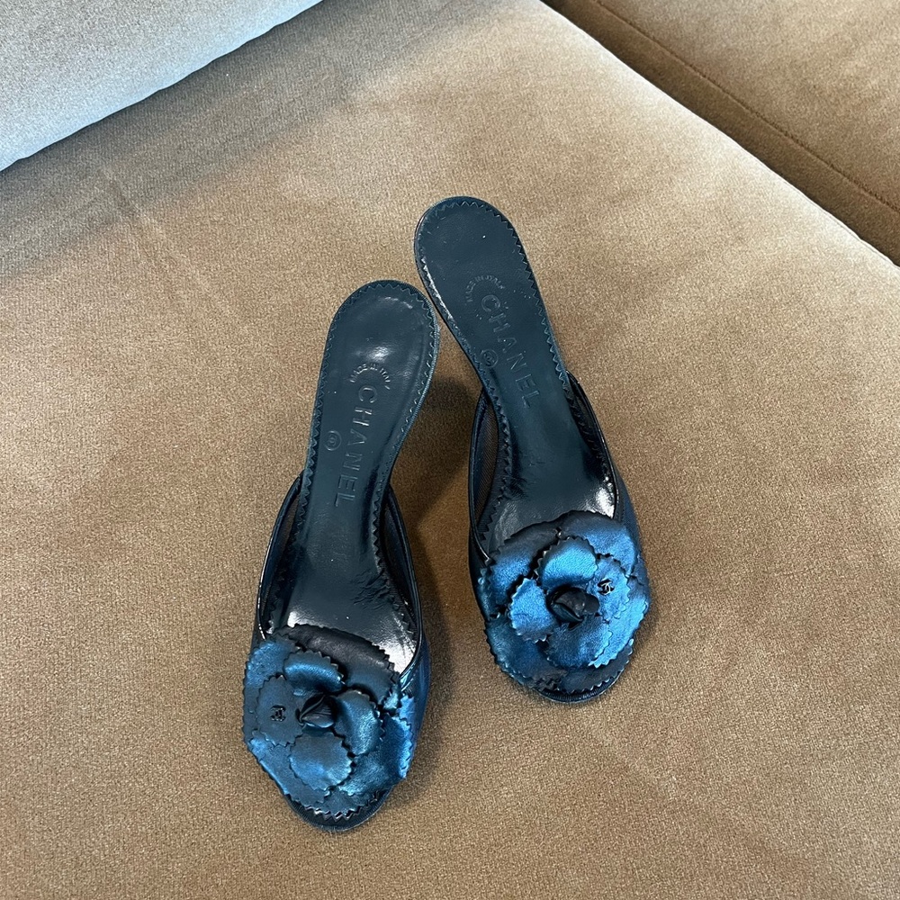 Chanel Black Mesh and Leather Camellia Slide Sandals, IT 37